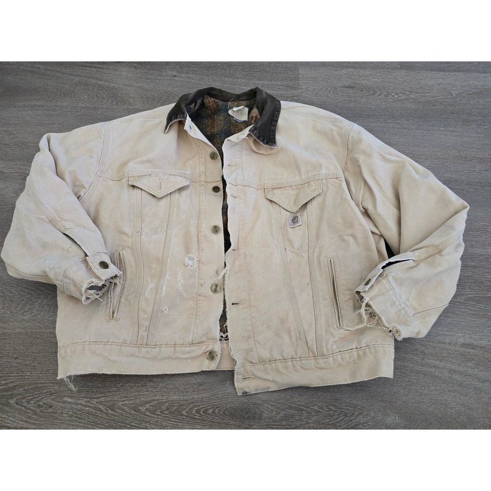 Vintage Carhartt JB0695 Union‎ made Trucker Jacket Tan Blanket Lined Mens XL USA